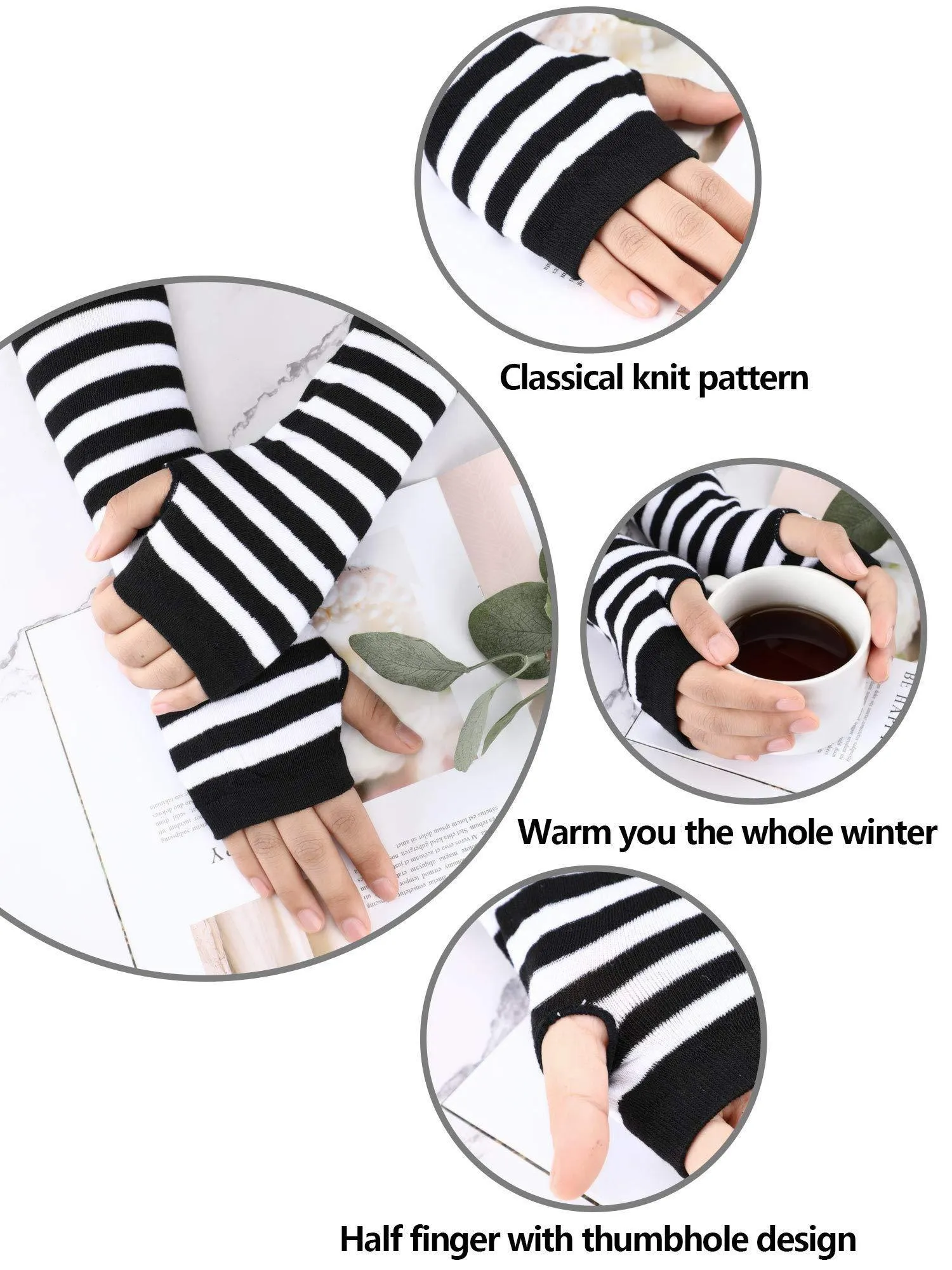 6 Pairs Women Long Fingerless Gloves Arm Warmers Knit Thumbhole Stretchy Gloves