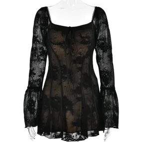 Elegant Square Neck Lace Patchwork Dress Women Flare Sleeve Ruffle Edge Double Layer Bodycon Vesidos Slim Party Evening