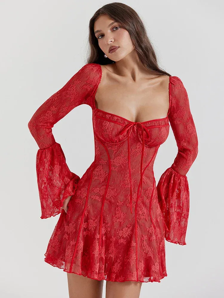 Elegant Square Neck Lace Patchwork Dress Women Flare Sleeve Ruffle Edge Double Layer Bodycon Vesidos Slim Party Evening