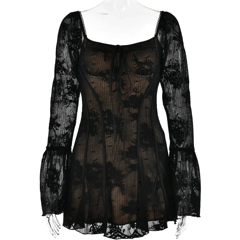 Elegant Square Neck Lace Patchwork Dress Women Flare Sleeve Ruffle Edge Double Layer Bodycon Vesidos Slim Party Evening