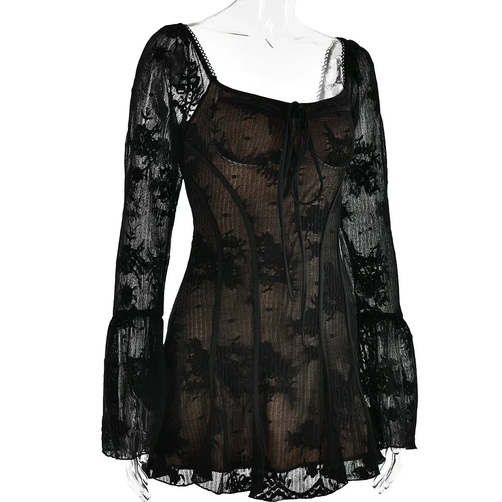Elegant Square Neck Lace Patchwork Dress Women Flare Sleeve Ruffle Edge Double Layer Bodycon Vesidos Slim Party Evening