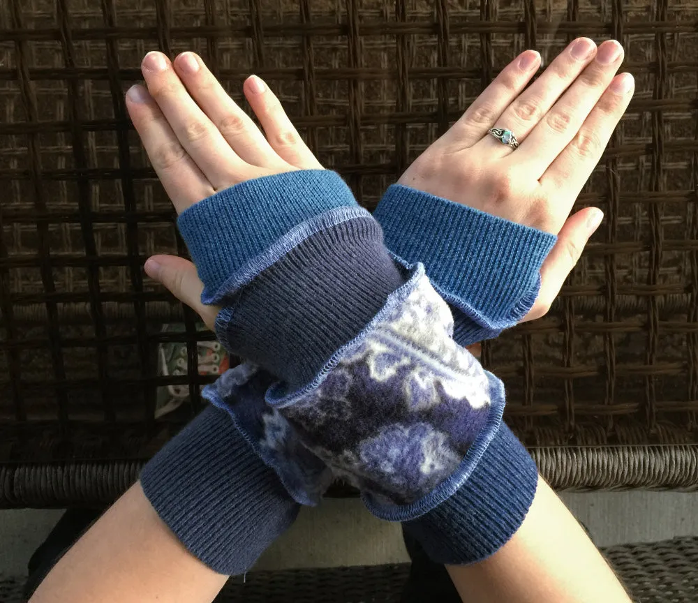 Katwise inspired needle-felted blue paisley upcycled sweater arm warmers-1307