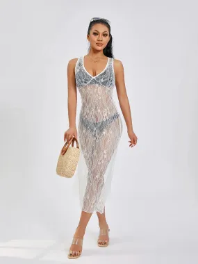 Lace Long Vintage Sleeveless Deep V Neck Solid Color See-Through Bodycon Casual Women Dress