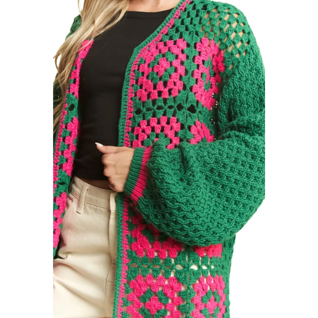 Two-Tone Floral Square Crochet Open Knit Cardigan – Effortless Boho Elegance
