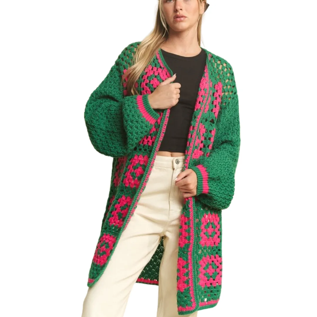 Two-Tone Floral Square Crochet Open Knit Cardigan – Effortless Boho Elegance