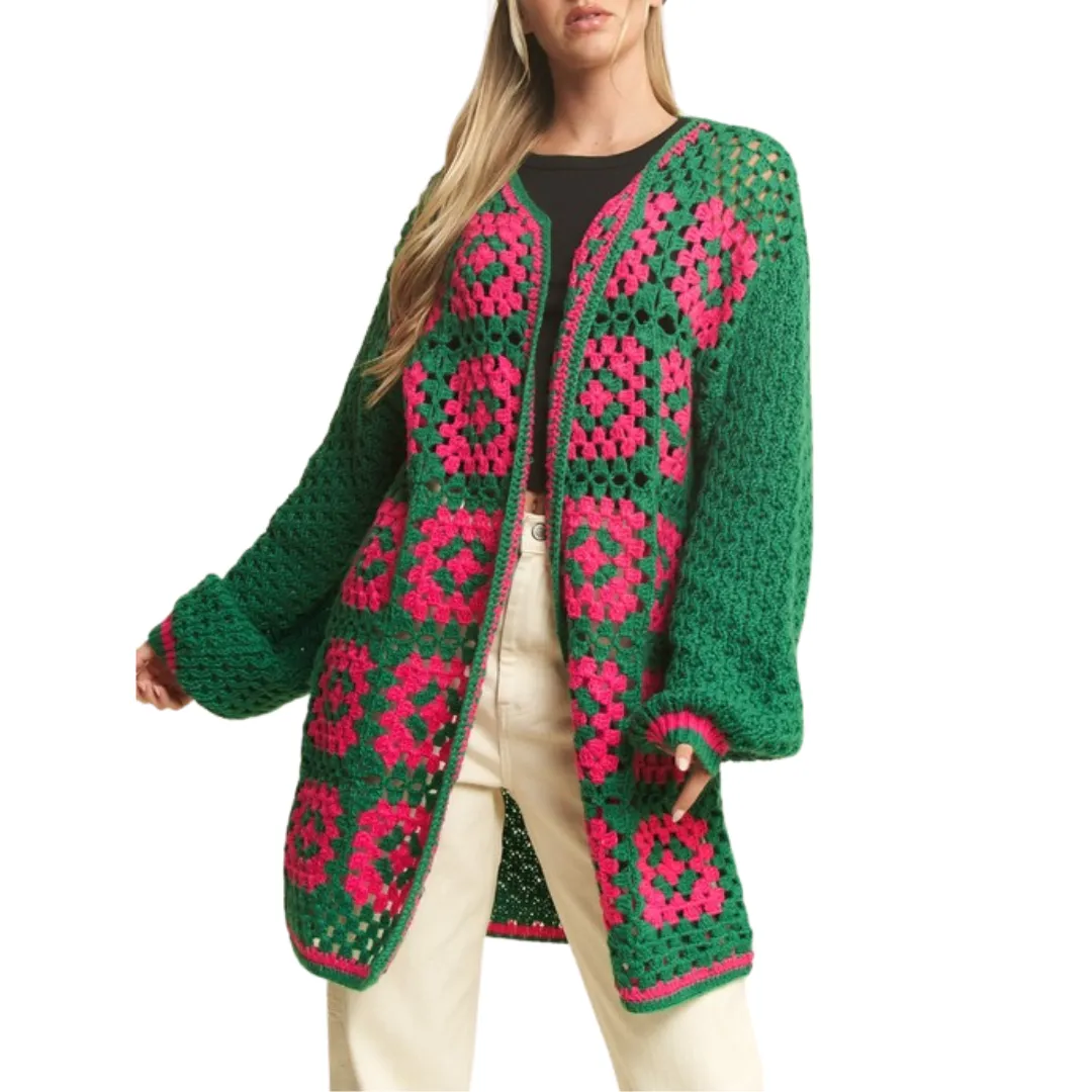 Two-Tone Floral Square Crochet Open Knit Cardigan – Effortless Boho Elegance