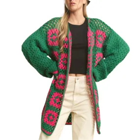 Two-Tone Floral Square Crochet Open Knit Cardigan – Effortless Boho Elegance