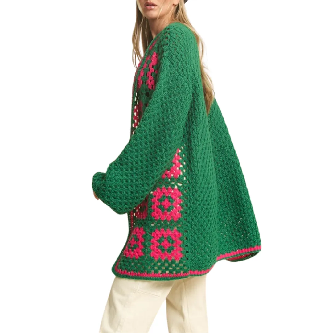 Two-Tone Floral Square Crochet Open Knit Cardigan – Effortless Boho Elegance