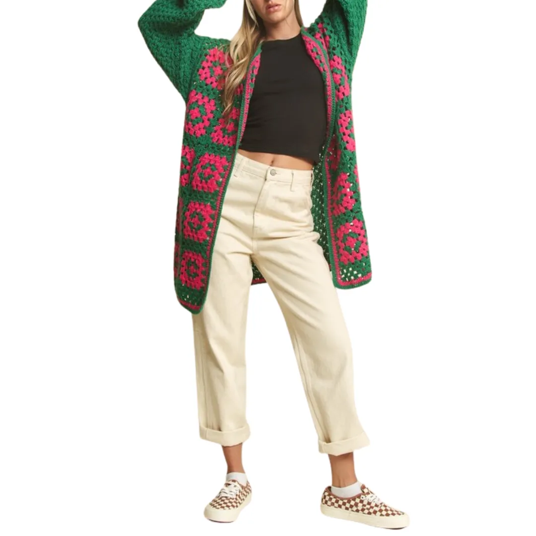 Two-Tone Floral Square Crochet Open Knit Cardigan – Effortless Boho Elegance