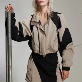 Vintage Casual Jackets For Women Lapel Long Sleeve Patchwork Double Breasted Hit Color Jacket Female Fashion