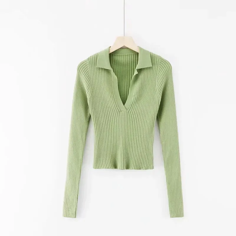 Vintage Knitted Sweater T-shirt Turn-down Collar Long Sleeve Crop Top Shirts Women Autumn Fashion Clothes Top Tees