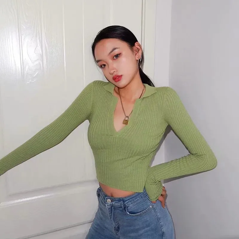 Vintage Knitted Sweater T-shirt Turn-down Collar Long Sleeve Crop Top Shirts Women Autumn Fashion Clothes Top Tees