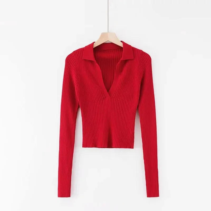 Vintage Knitted Sweater T-shirt Turn-down Collar Long Sleeve Crop Top Shirts Women Autumn Fashion Clothes Top Tees
