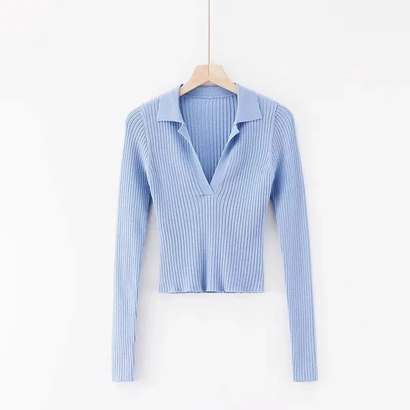 Vintage Knitted Sweater T-shirt Turn-down Collar Long Sleeve Crop Top Shirts Women Autumn Fashion Clothes Top Tees