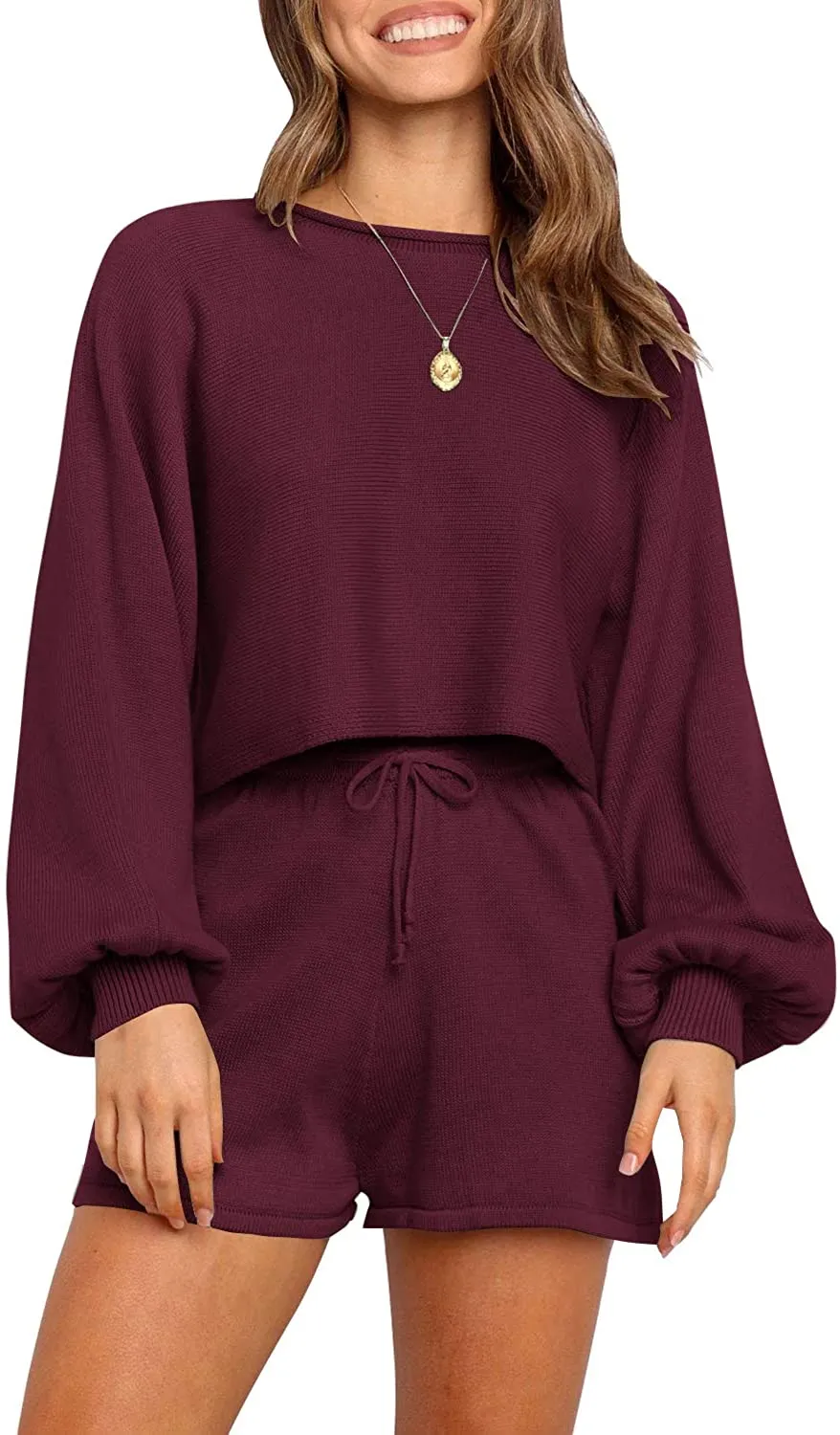 ZESICA Long Sleeve Knit Pullover Sweater Shorts Set