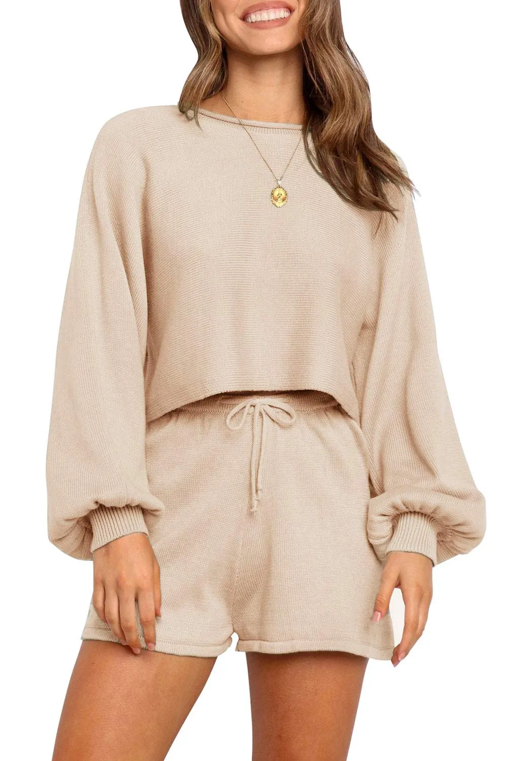 ZESICA Long Sleeve Knit Pullover Sweater Shorts Set