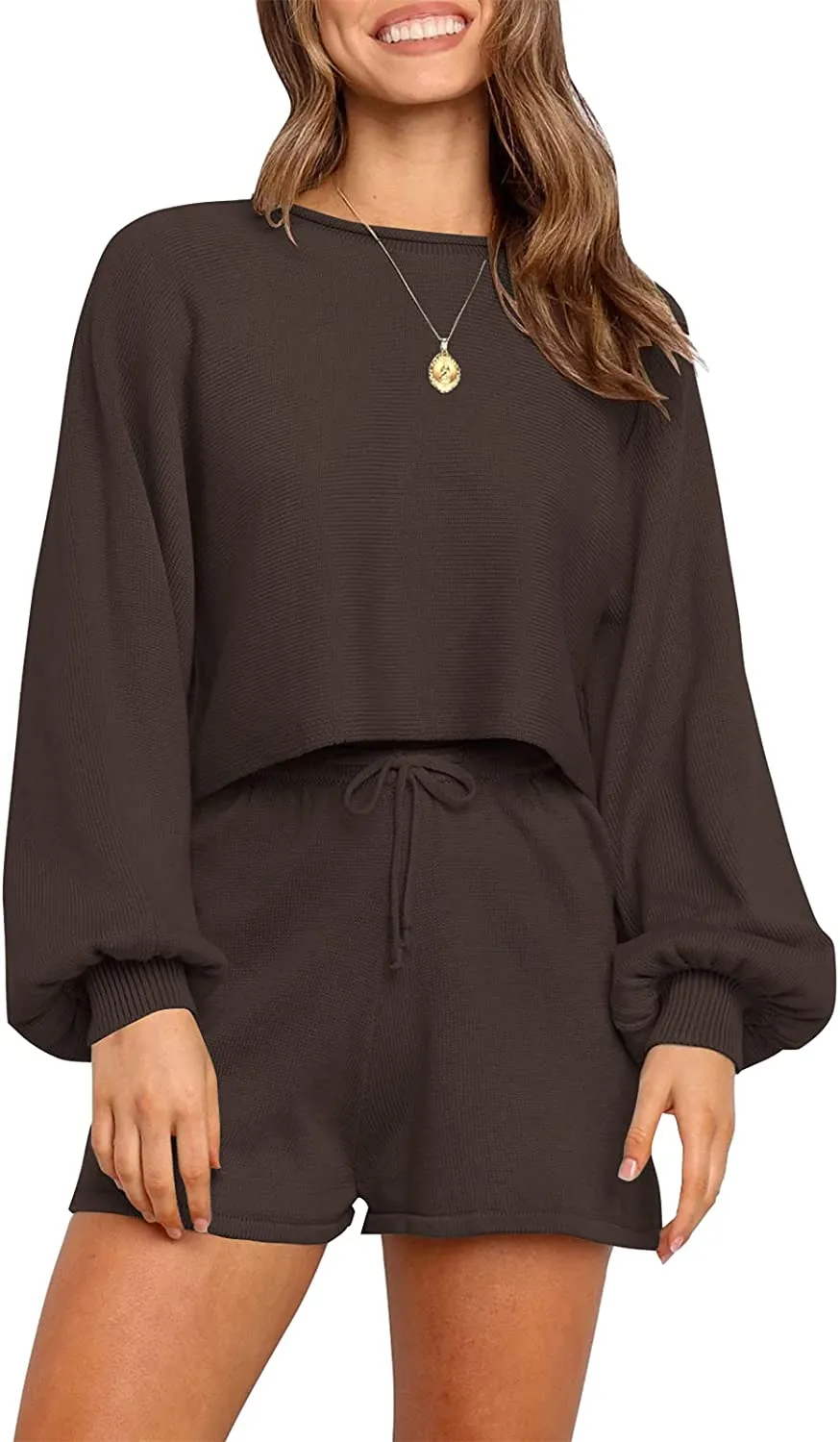 ZESICA Long Sleeve Knit Pullover Sweater Shorts Set