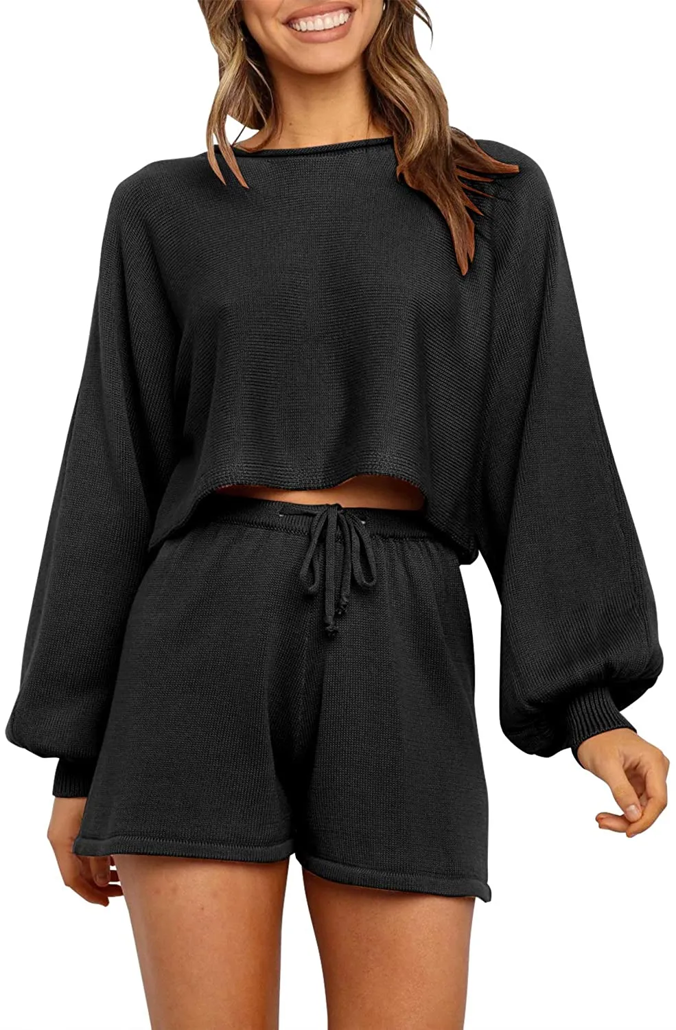 ZESICA Long Sleeve Knit Pullover Sweater Shorts Set