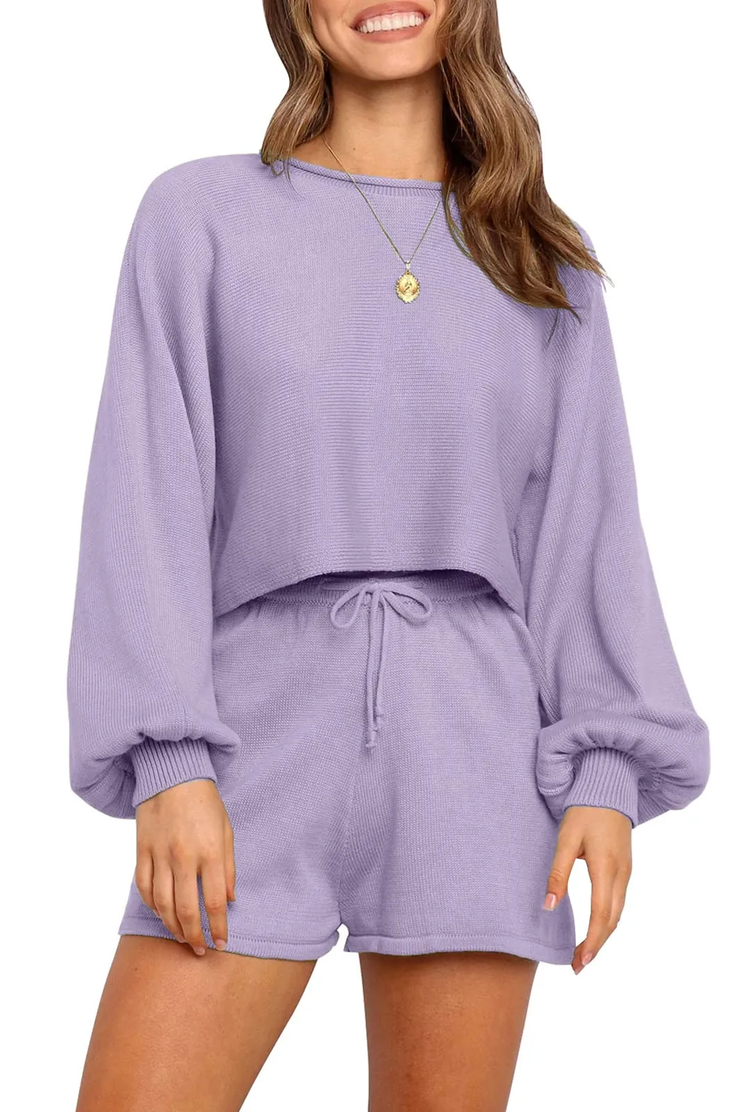 ZESICA Long Sleeve Knit Pullover Sweater Shorts Set