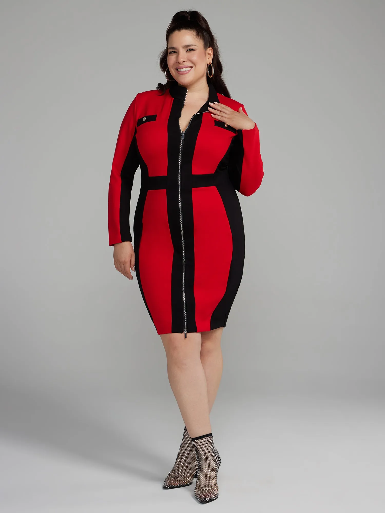 Zipper Front Colorblock Ponte Knit Dress